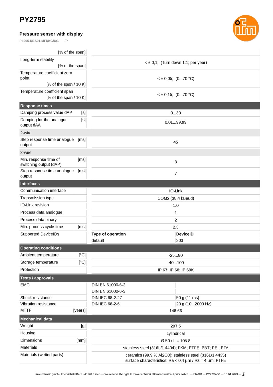 PY2795 / Pressure sensor / Range -1...5 bar / PNP/NPN / 4...20 / G 1 external thread Aseptoflex Vario datasheet