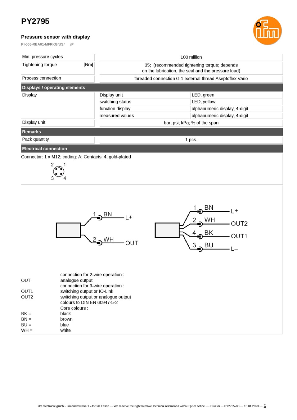 PY2795 / Pressure sensor / Range -1...5 bar / PNP/NPN / 4...20 / G 1 external thread Aseptoflex Vario datasheet