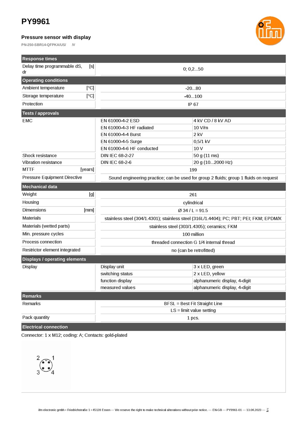 PY9961 / Pressure sensor / Range 0...250 bar / PNP / G 1/4 internal thread datasheet