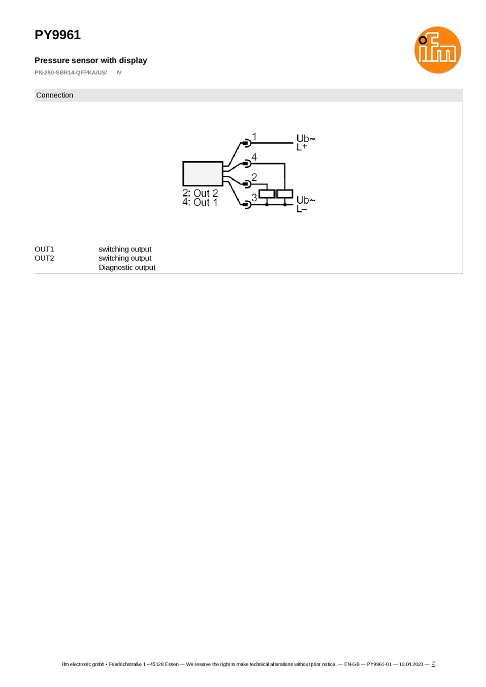 PY9961 / Pressure sensor / Range 0...250 bar / PNP / G 1/4 internal thread datasheet
