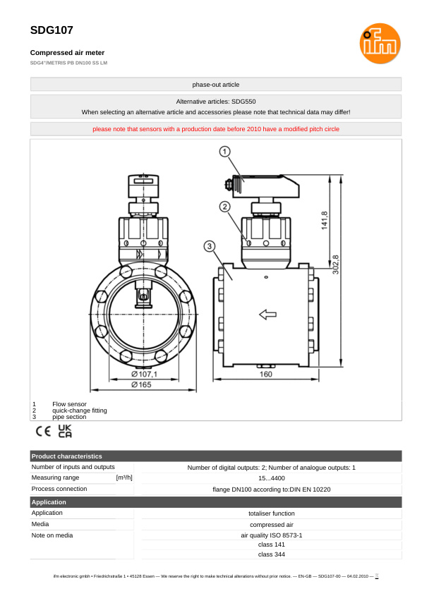 SDG107 \ Flow sensor \ Range 4400 m³/h \ PNP NO/NC \ 4...20 \ DN100 \ Flange datasheet