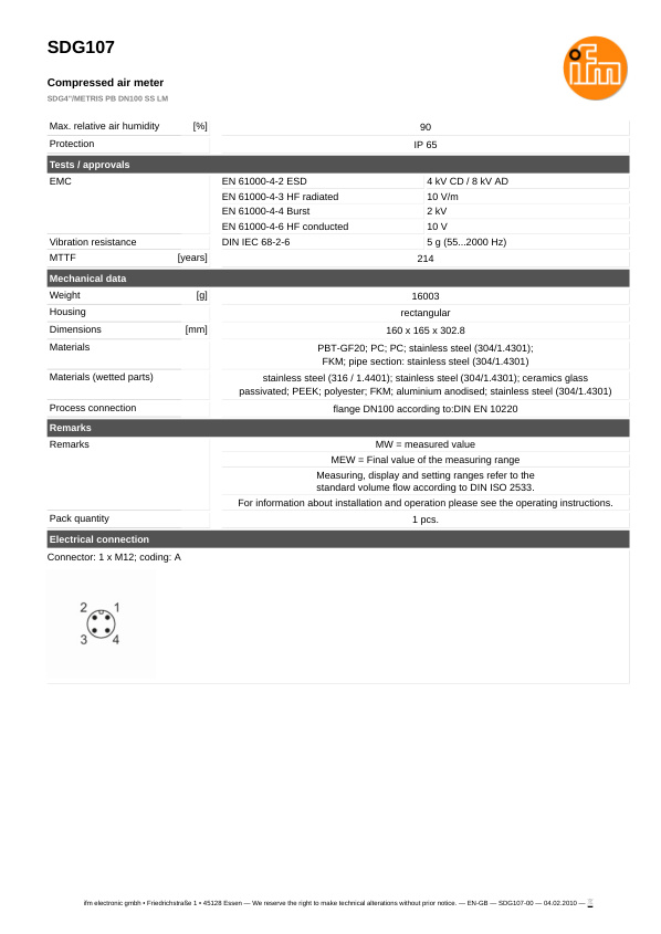 SDG107 \ Flow sensor \ Range 4400 m³/h \ PNP NO/NC \ 4...20 \ DN100 \ Flange datasheet