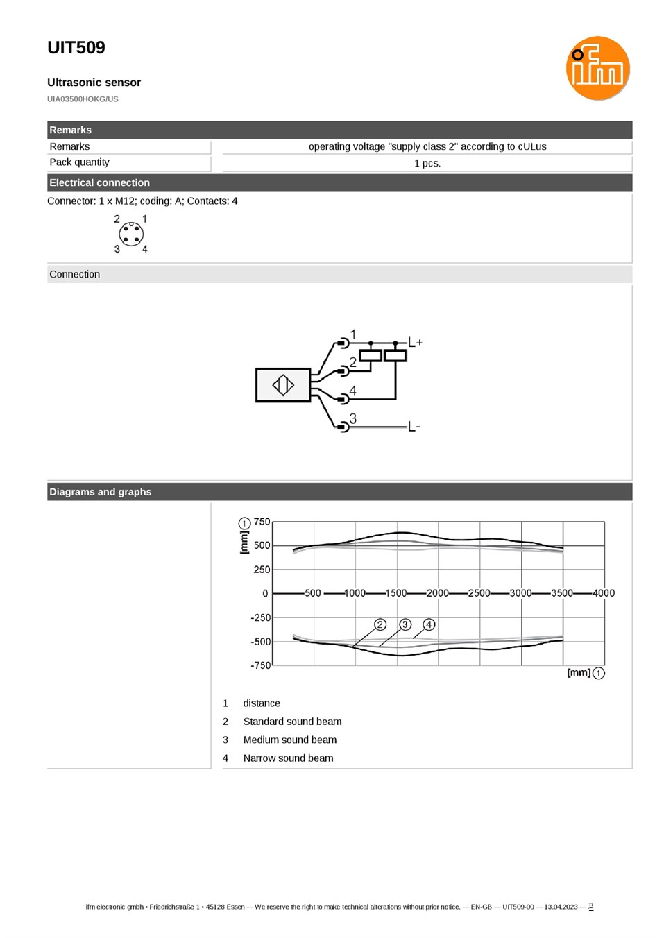 UIT509 \ Ultrasonic sensor \ Range 250...3500 mm \ NPN \ NO/NC \ M30 datasheet