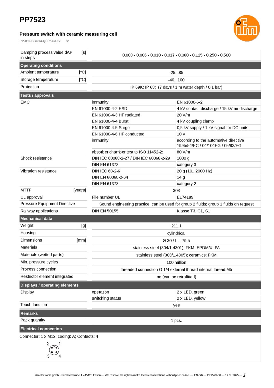 PP7523 \ Pressure sensor \ Range-0...60 bar \4...20 \PNP \ G1/4 external thread datasheet