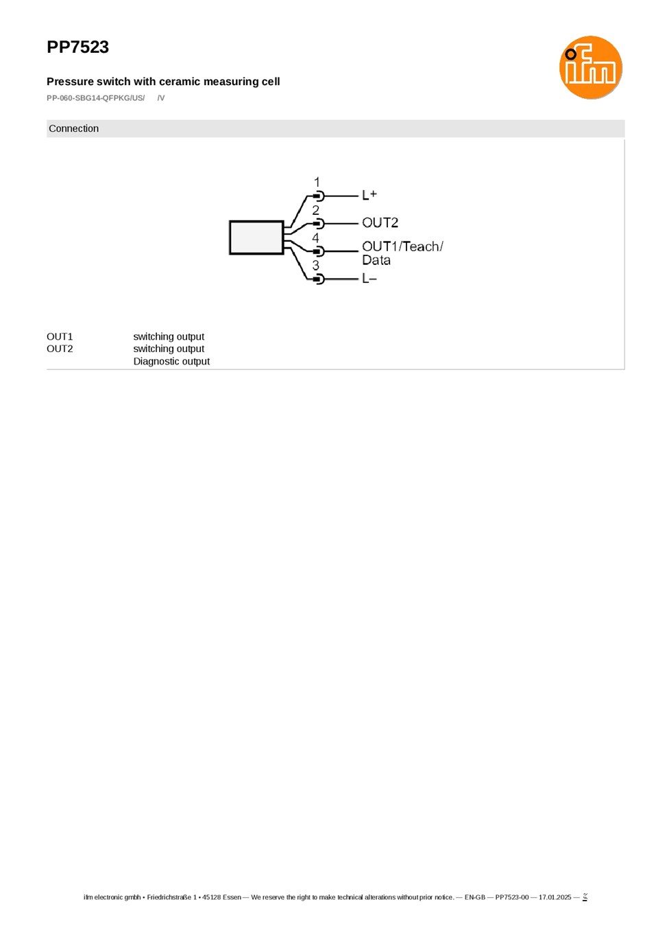 PP7523 \ Pressure sensor \ Range-0...60 bar \4...20 \PNP \ G1/4 external thread datasheet