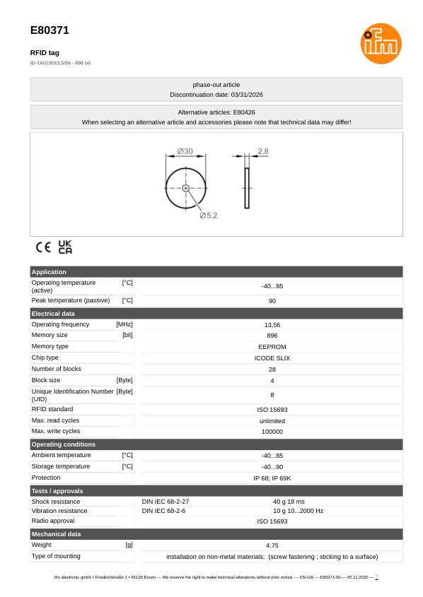 E80371 \ efector 190 \ Identification systems \ ID-TAG/30X2.5/06 - 896 bit \ MY datasheet