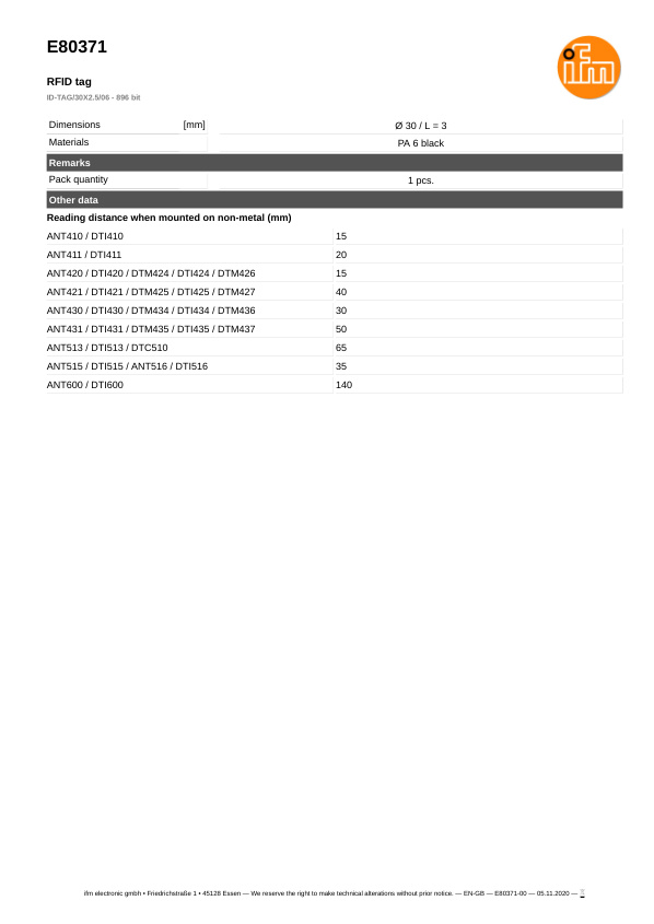 E80371 \ efector 190 \ Identification systems \ ID-TAG/30X2.5/06 - 896 bit \ MY datasheet