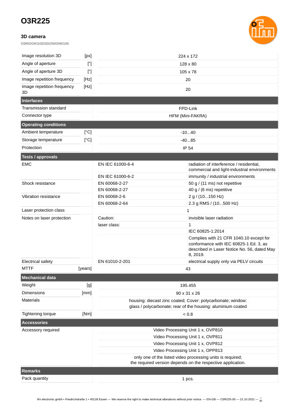 O3R225 \ efector 250 \ Object recognition \ O3RIOOKG/2D3D/ZN/O/W/105 \ DE \ datasheet