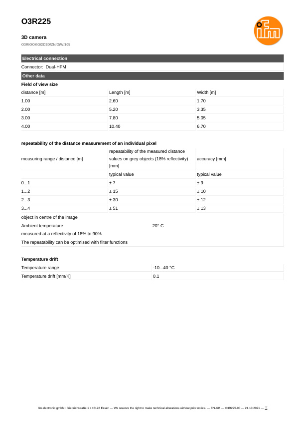 O3R225 \ efector 250 \ Object recognition \ O3RIOOKG/2D3D/ZN/O/W/105 \ DE \ datasheet