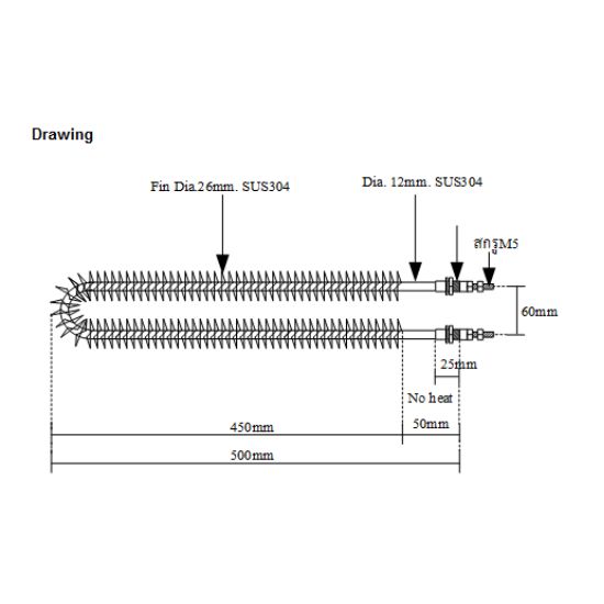 ฮีตเตอร์ครีบตัวยู/พร้อมน๊อตกันน้ำ FUB-5020-N Lf- 450MM 2000W AC220V