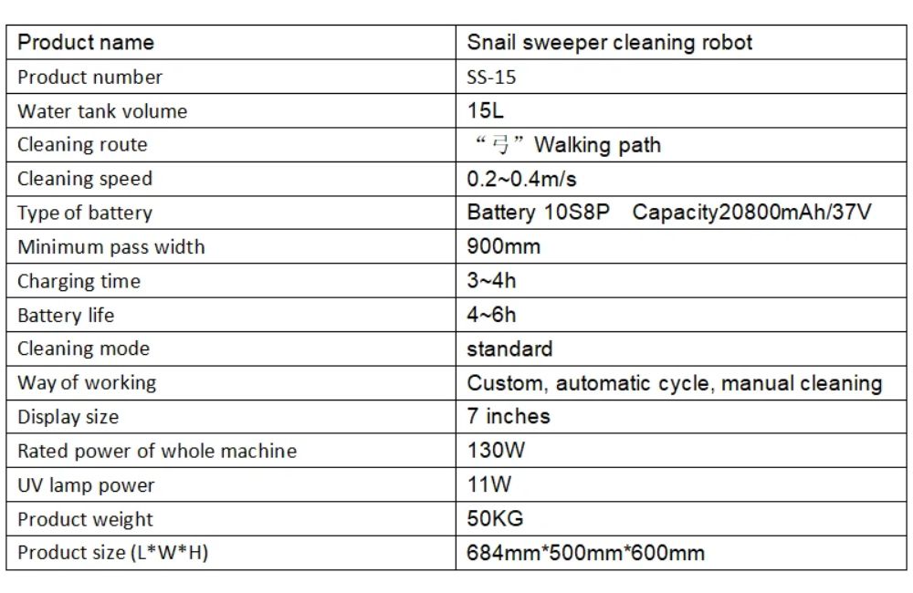 Intelligent Cleaning Mop Robot Snail ข้อมูลเชิงเทคนิค